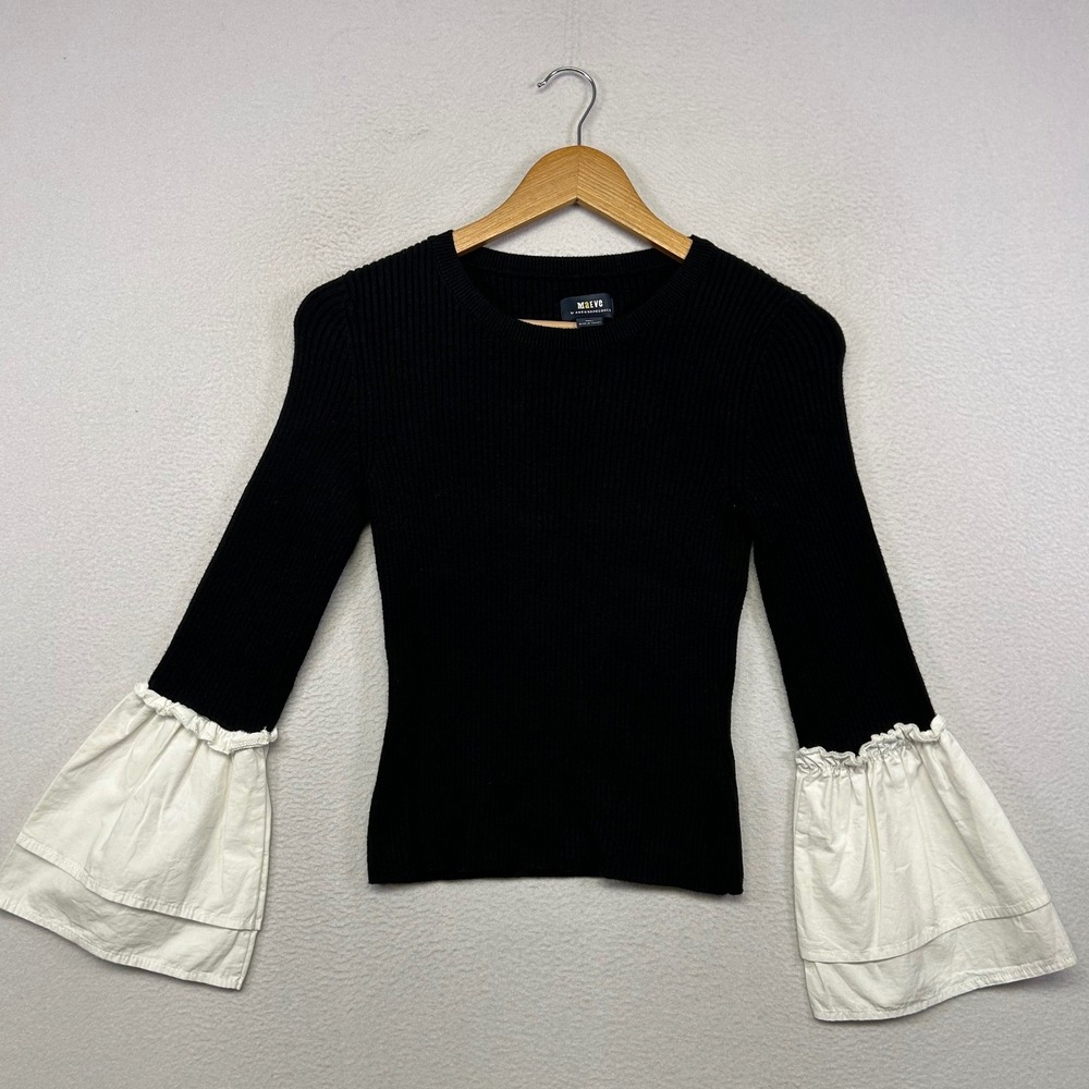 Dark Academia Maeve by Anthropologie Womens Small Black White Bell Sleeve Top